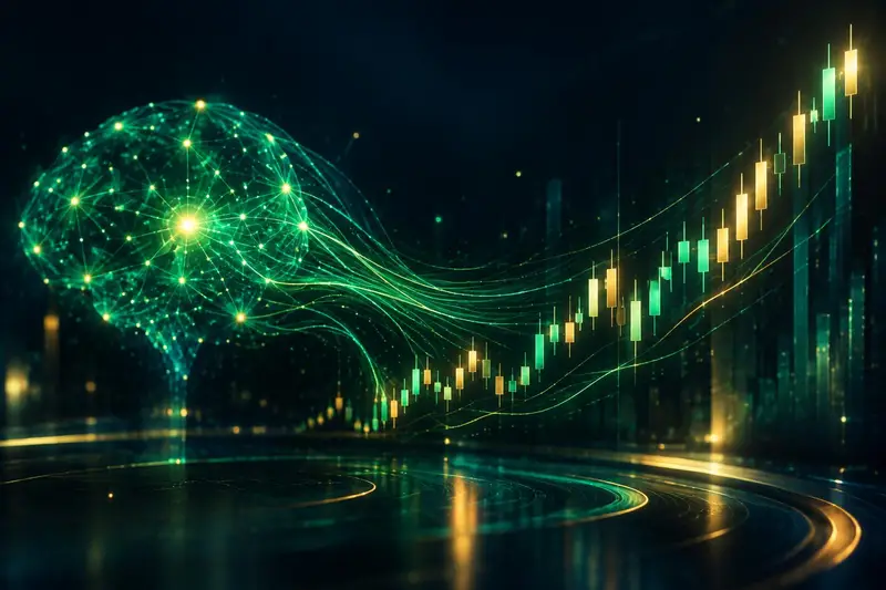 Stroom deelwaardom AI trading platform concept: a neural network feeding live market data into a rising candlestick chart