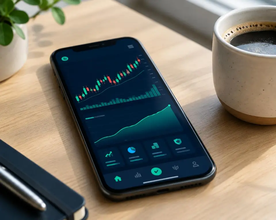 Stroom deelwaardom trading app on a smartphone showing live candlestick charts and portfolio growth